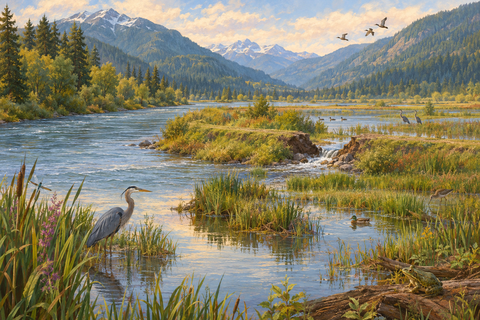 A British Columbia river spreads into restored wetlands surrounded by mountains and wildlife.
