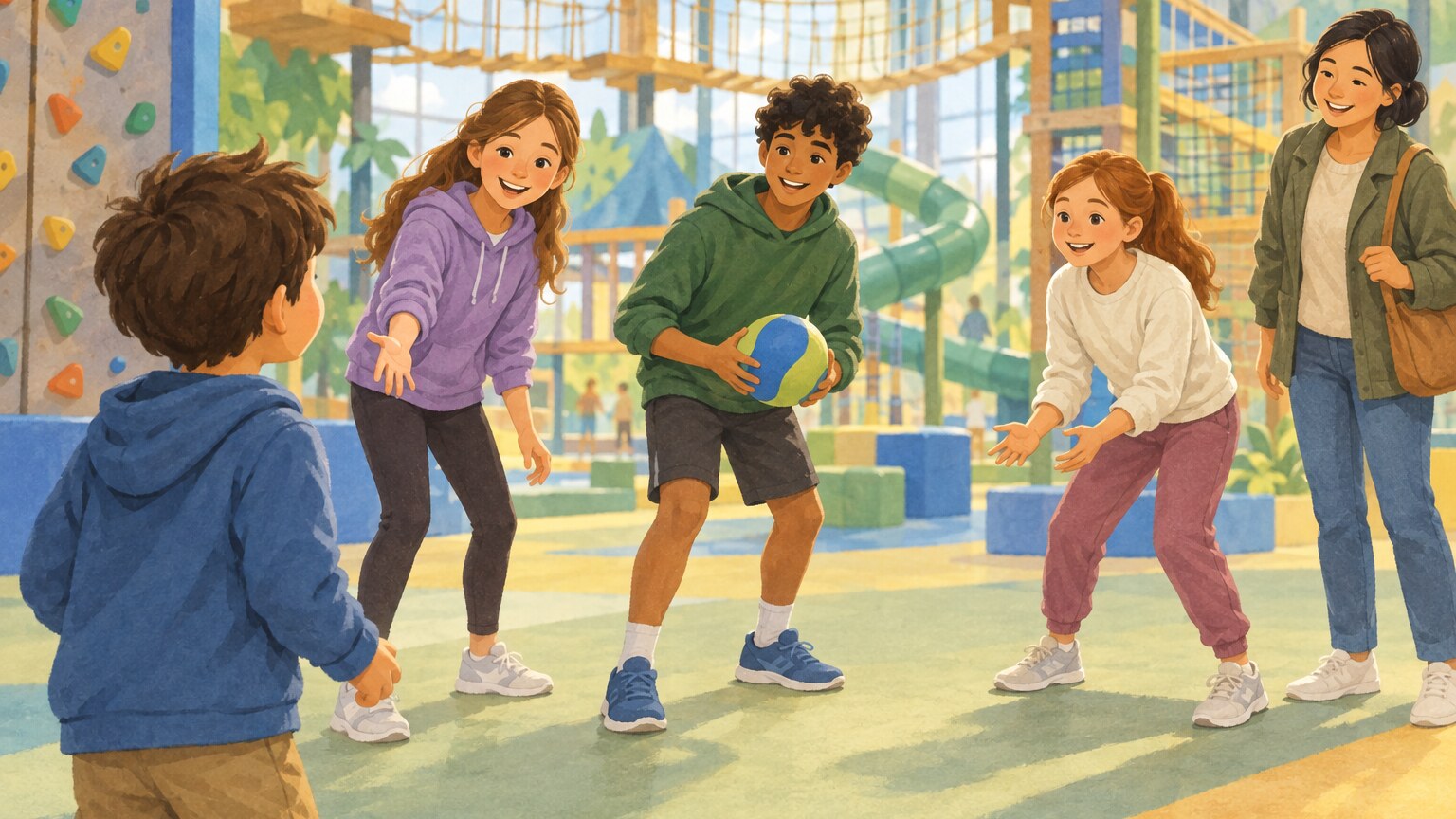 Jugendliche laden einen kleinen Jungen ein, in einem Indoor-Abenteuerpark mitzuspielen.