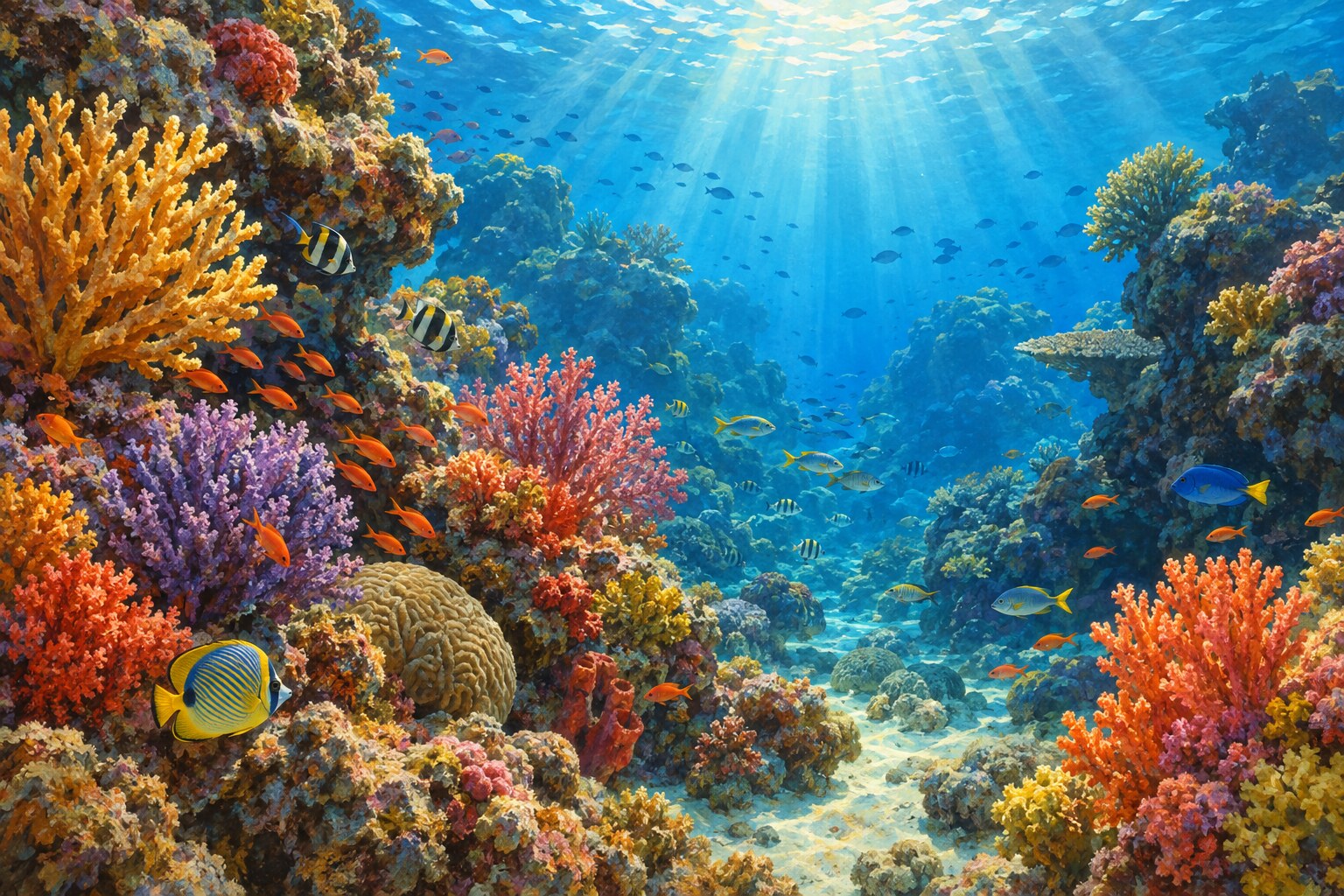 Colorful coral and fish are found on a deep rocky reef off the coast of Benin.