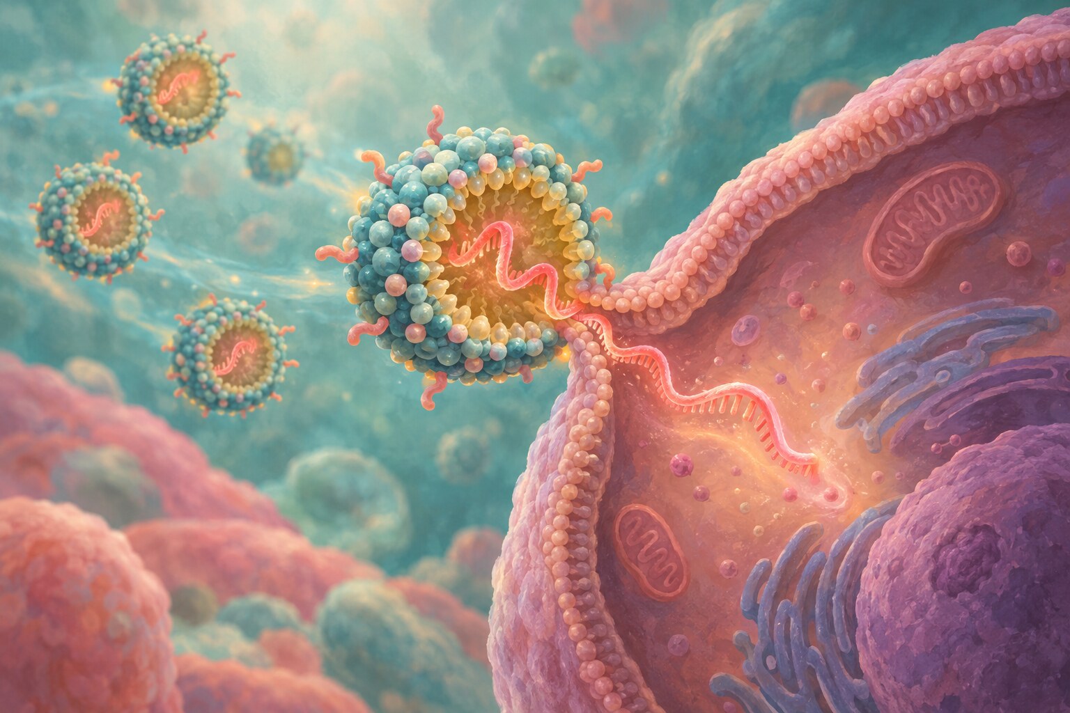 Illustrated lipid particles carry an RNA strand toward a cell.