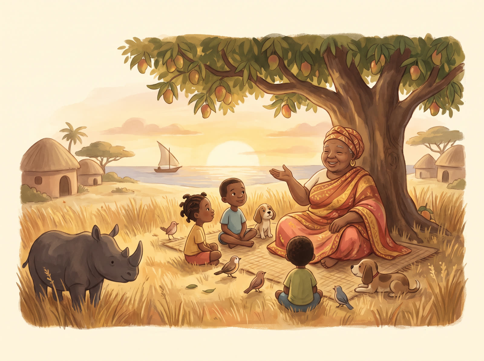 Bibi, a warm auntie storyteller, sitting under a mango tree with children, a puppy, and a rhino listening to her stories.