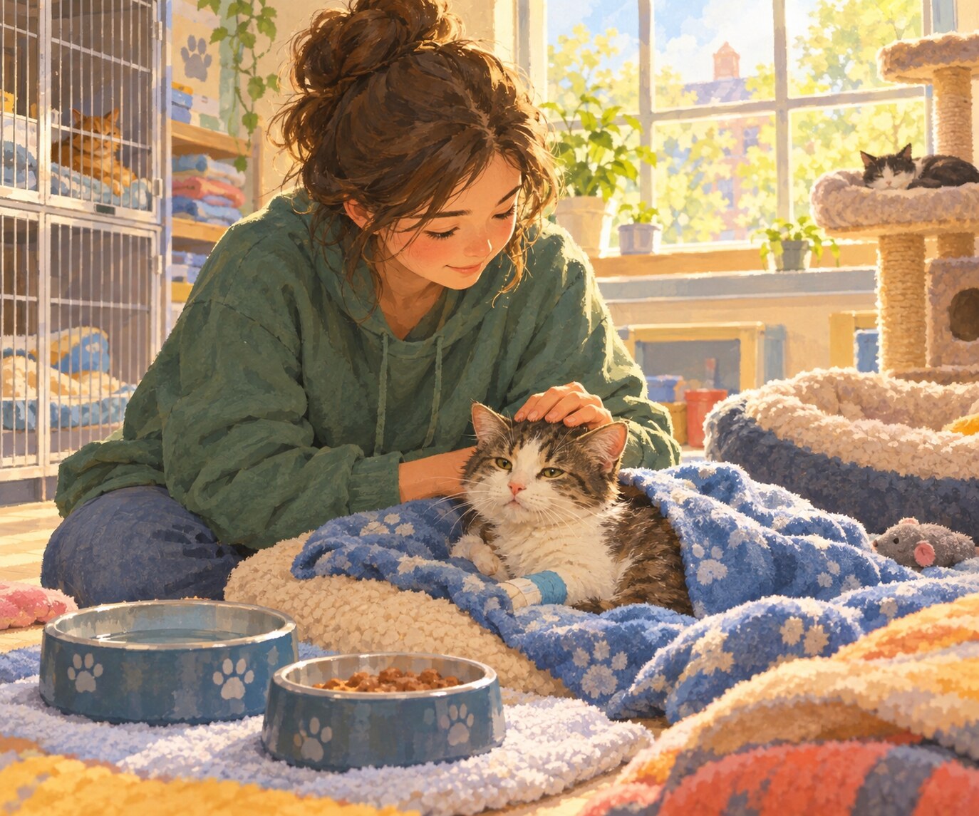 A student gently cares for a recovering cat in a bright animal shelter.