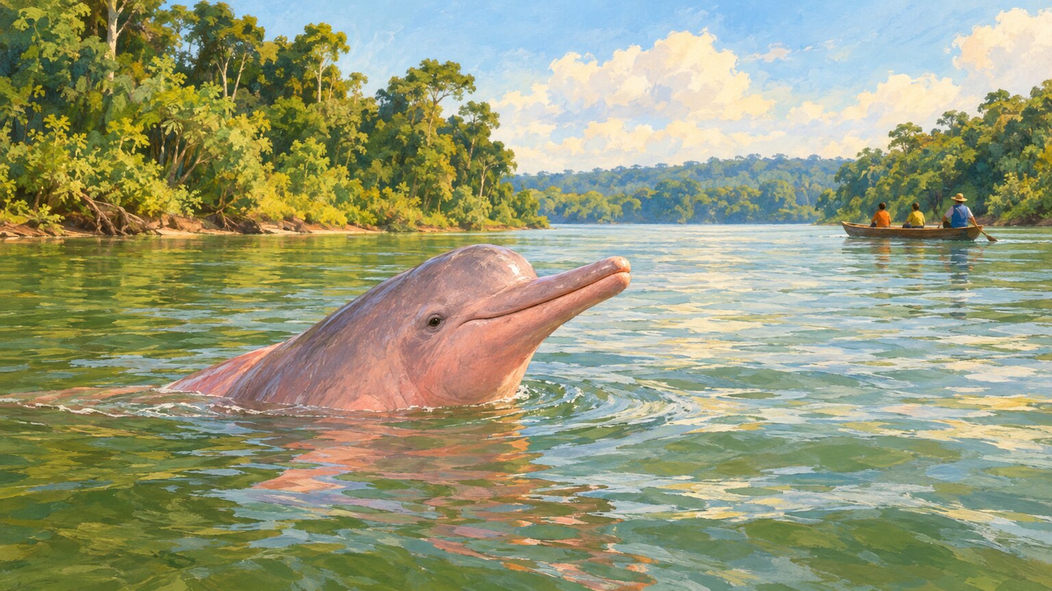 An illustrated Amazon river dolphin surfaces in a forest-lined river in Bolivia.