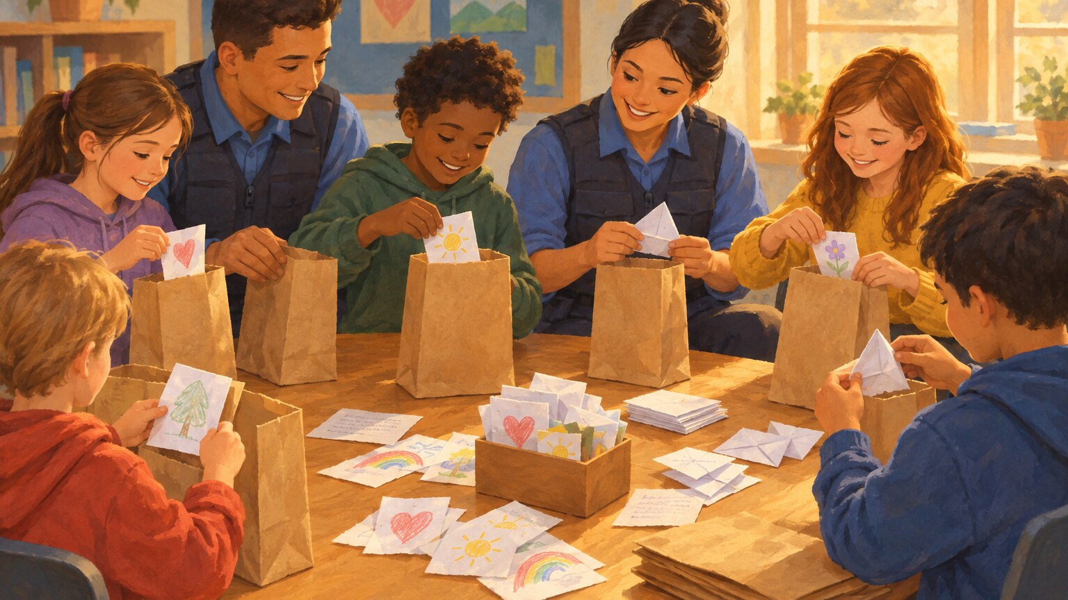 Sch&uuml;lerinnen, Sch&uuml;ler und Beamte der Gemeinde legen Zeichnungen und handgeschriebene Zettel in Papiert&uuml;ten.