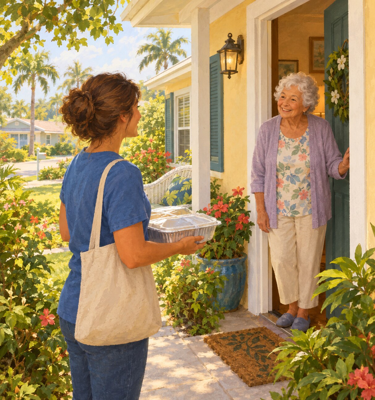 A volunteer brings a covered meal to an older neighbor's home.