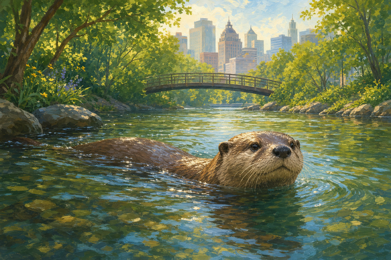 A river otter swims through the restored Bronx River beneath a leafy urban riverbank.