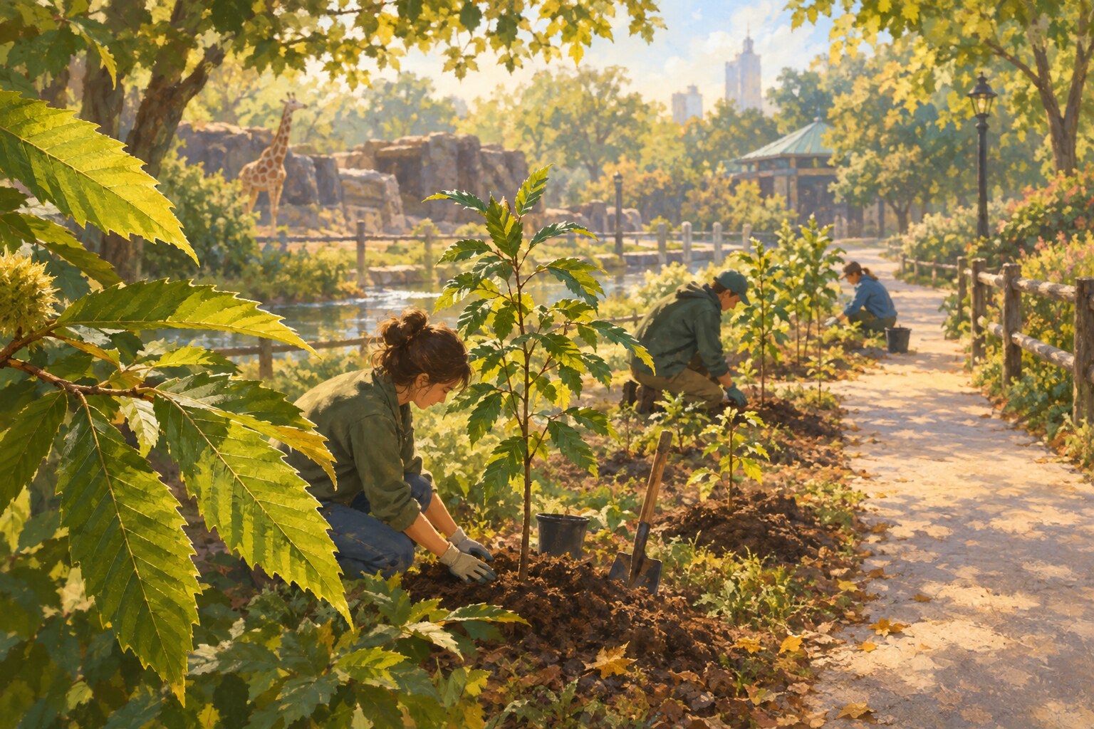 Young American chestnut saplings are ready for planting beside a leafy path.