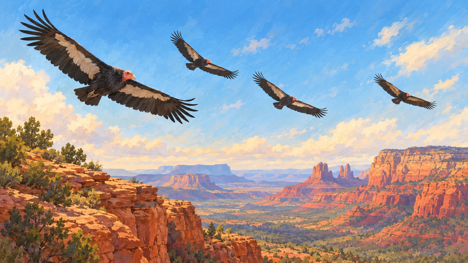 Young California condors glide above red cliffs in northern Arizona.
