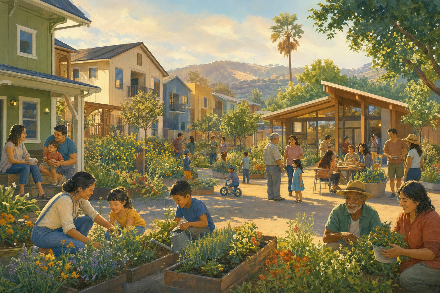 A welcoming California neighborhood with new homes and a shared community garden.