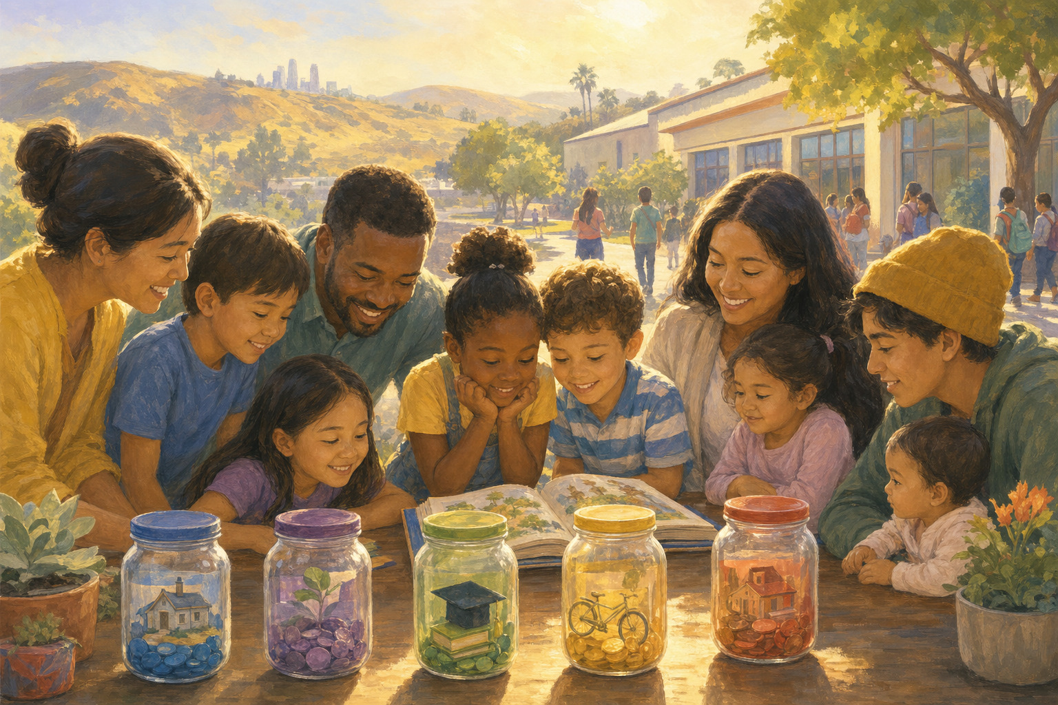 Children and families gather around savings jars representing future education and career opportunities.