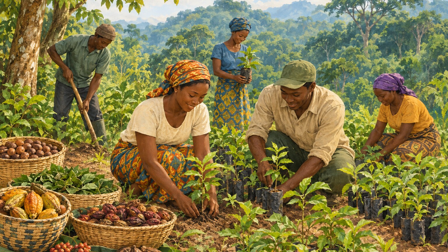 Community members tend young trees beside a forest in Cameroon.
