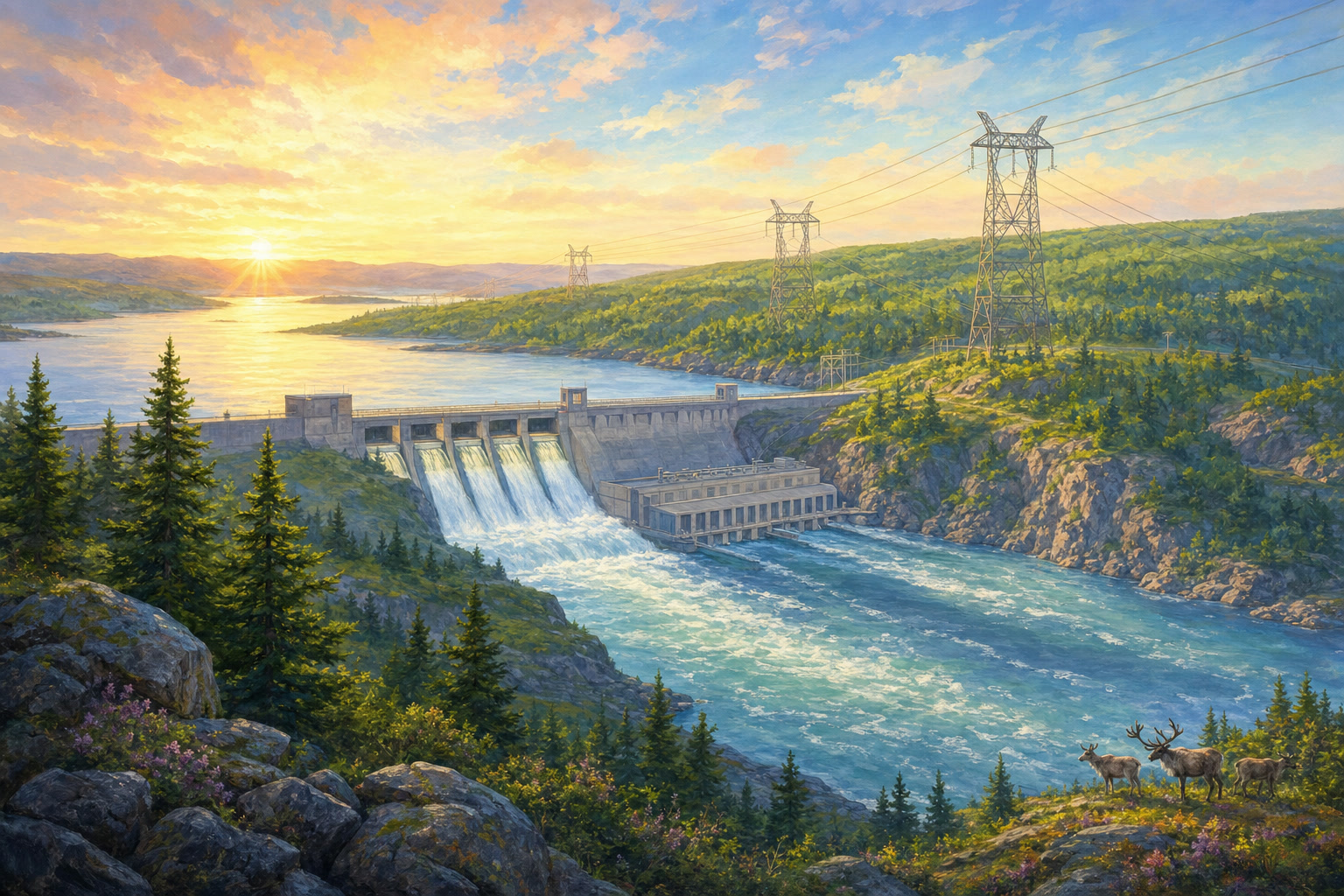 A hydroelectric station and river sit in Labrador's wide green landscape beneath a warm sunrise.