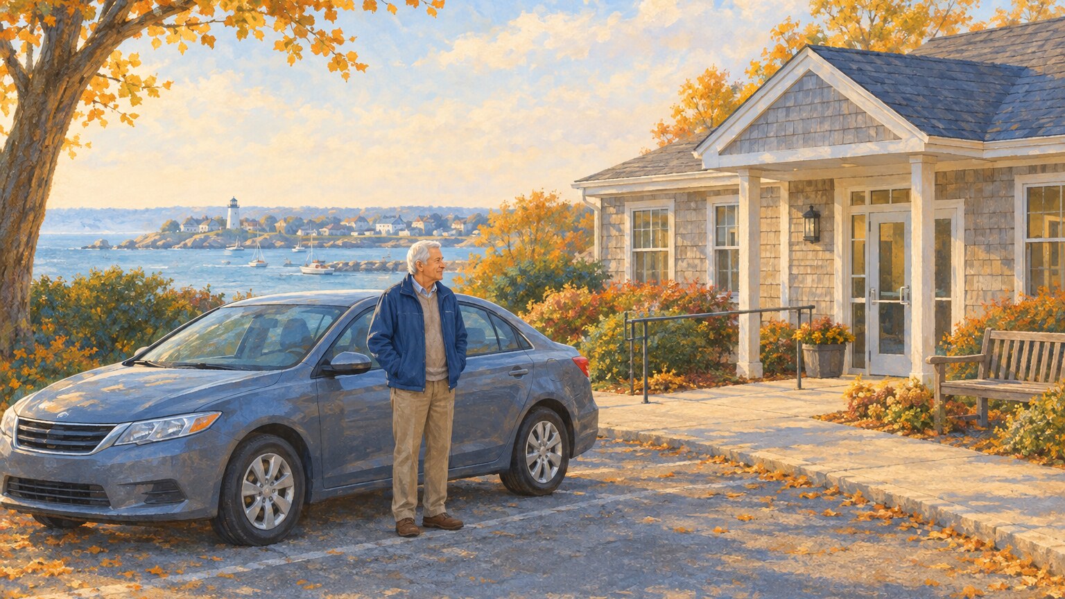 A volunteer driver waits beside a car outside a clinic on a quiet autumn morning.