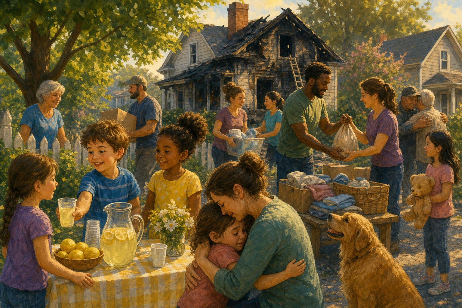 Neighborhood children serve lemonade while neighbors help a family after a house fire.