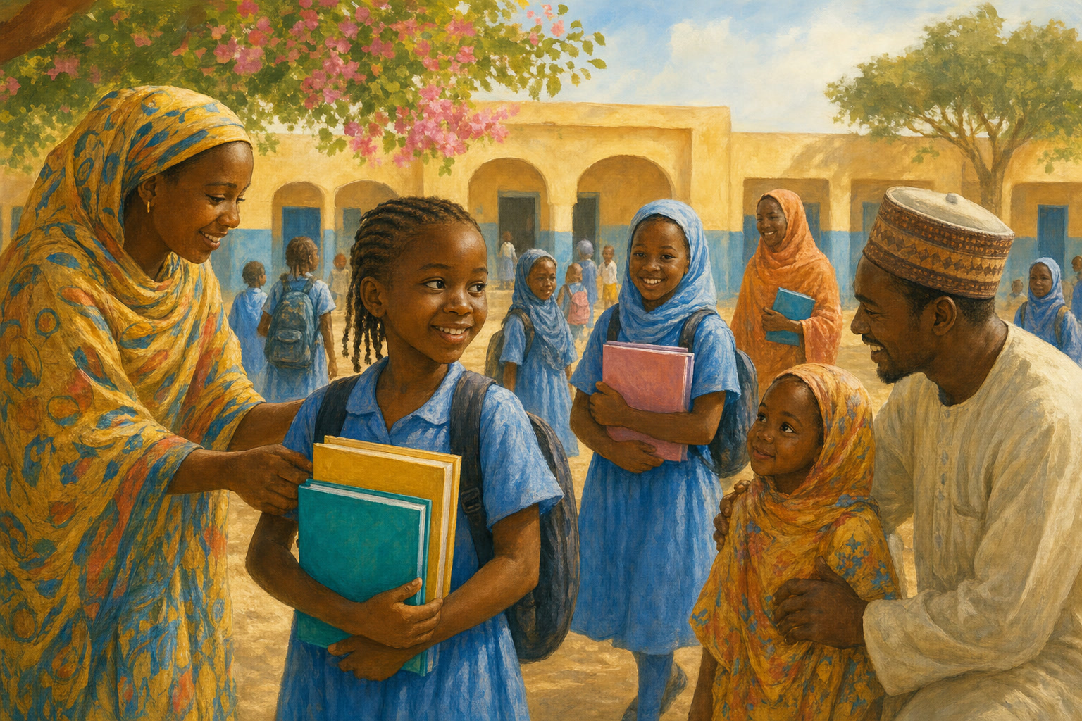 Girls receiving school support in a bright school courtyard in Chad.