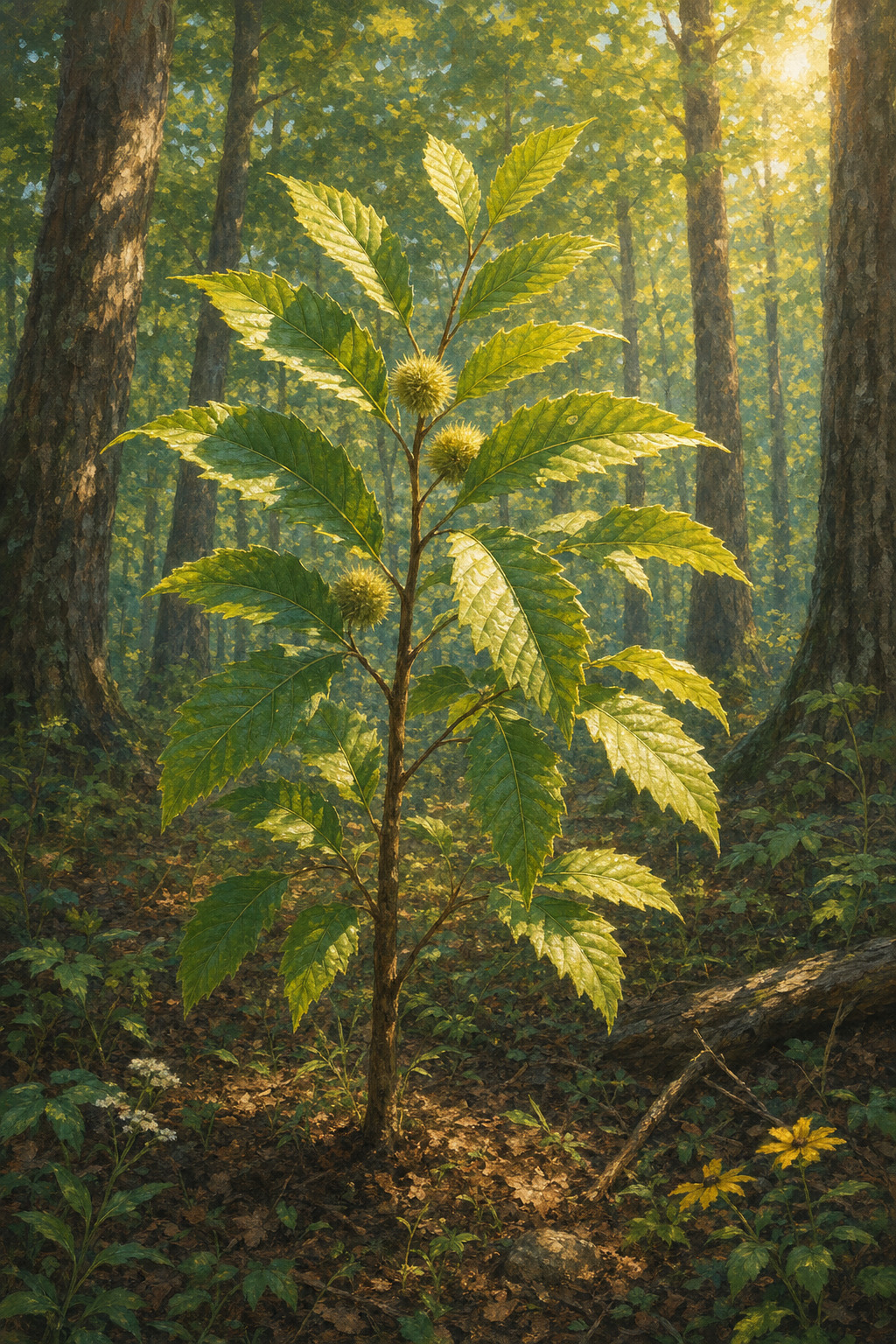 A young American chestnut tree grows in a sunlit forest.