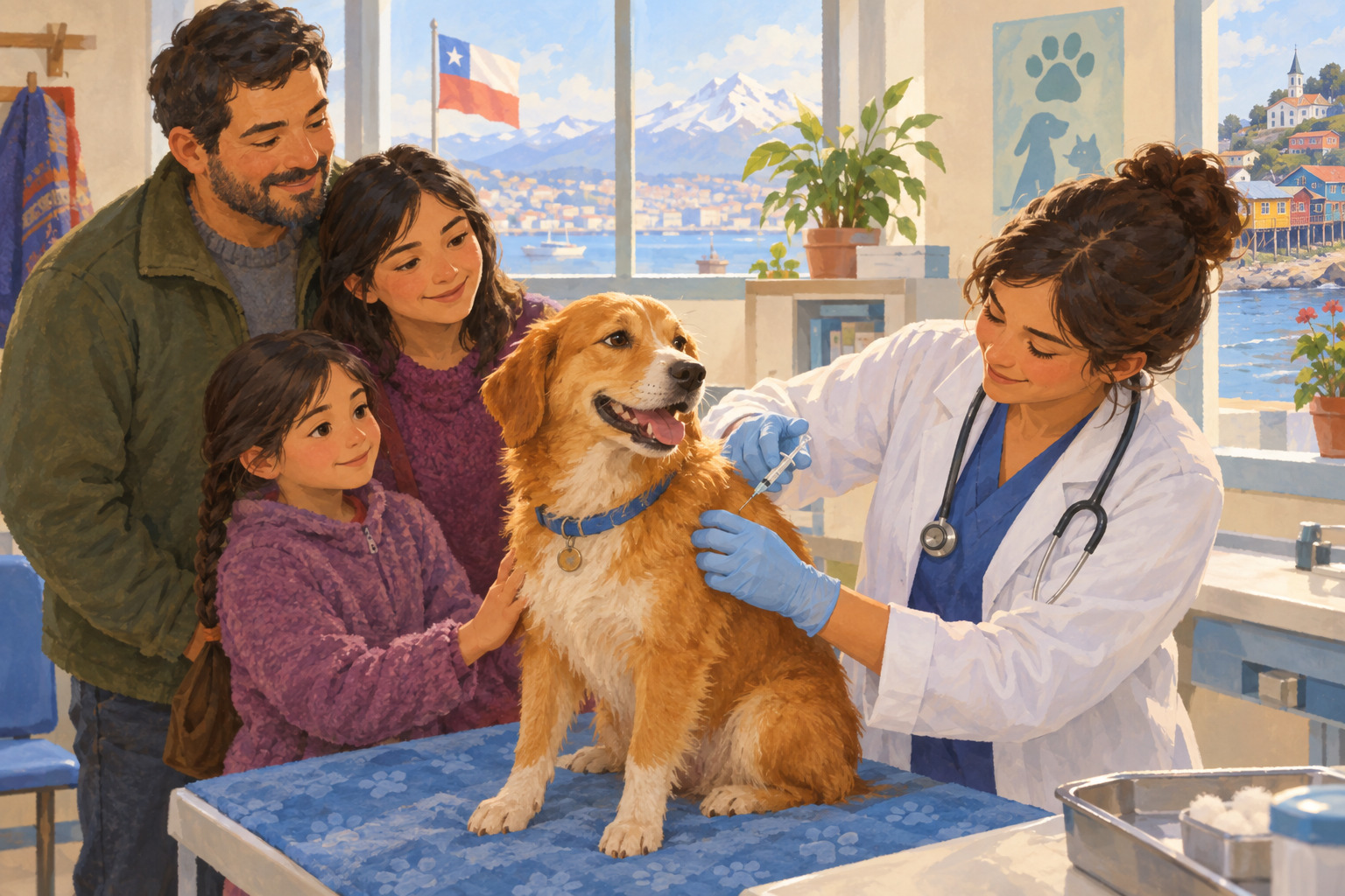 A veterinarian gives a family dog a vaccination in a bright community clinic in Chile.