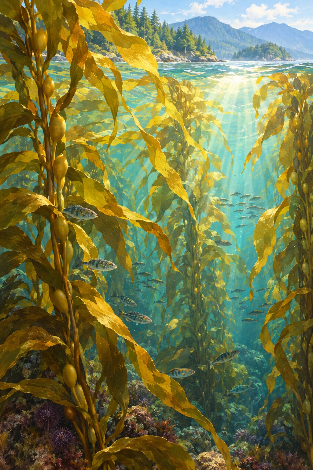 Junger Kelp wächst unter Wasser, während kleine Fische zwischen seinen langen grünen Blättern Schutz suchen.