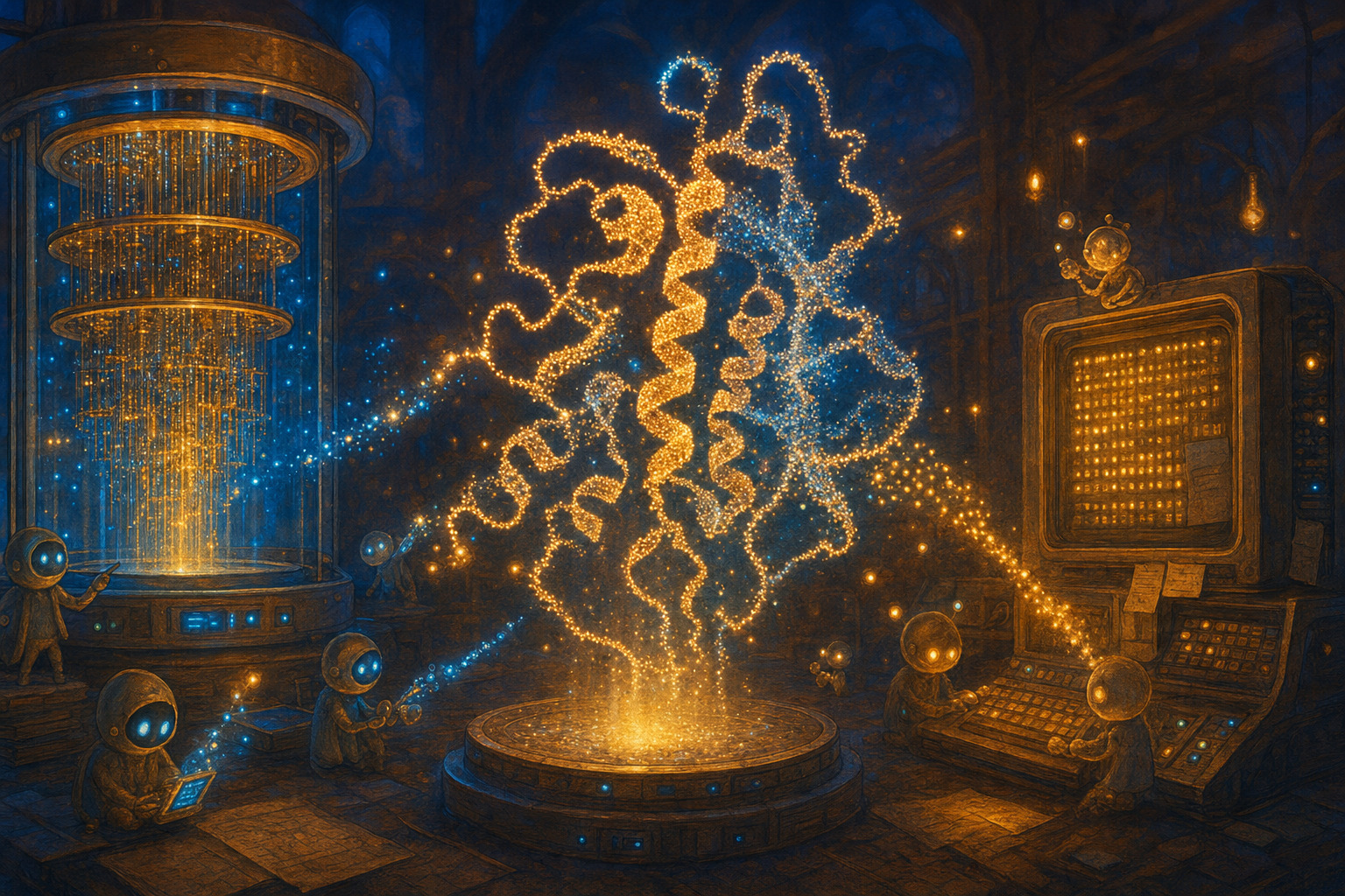 A glowing protein structure represents quantum and classical computers working together.