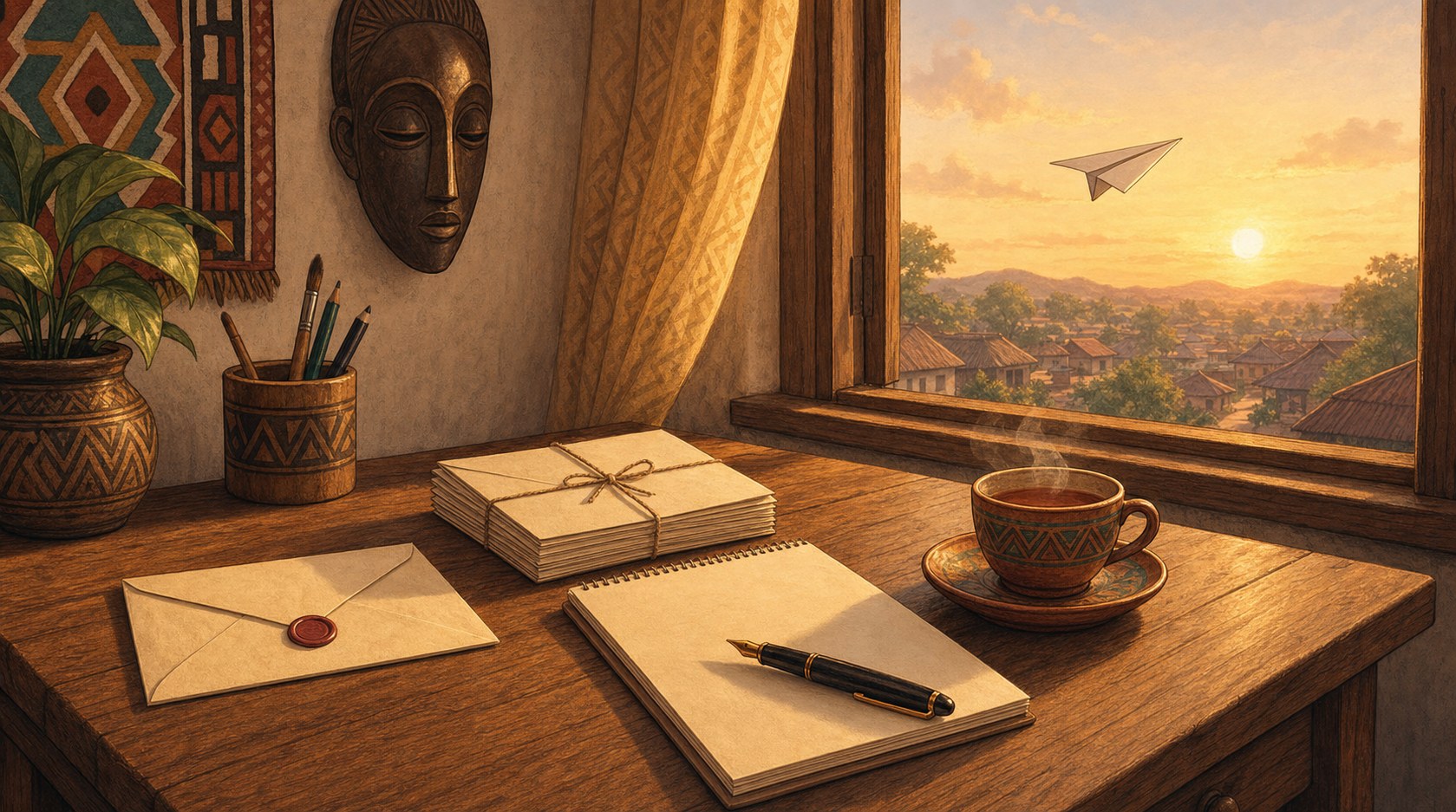 A cozy wooden writing desk with a sealed envelope, a stack of tied letters, a notebook and pen, a cup of tea, and a paper airplane flying out the window toward a warm sunset sky.