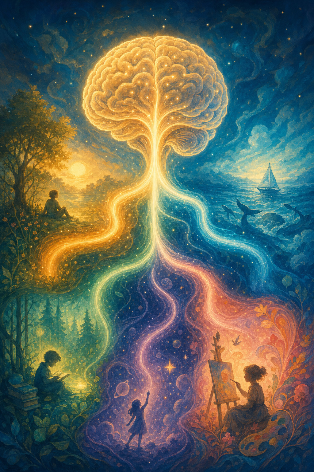 A glowing network of brain pathways organizing two streams of activity.