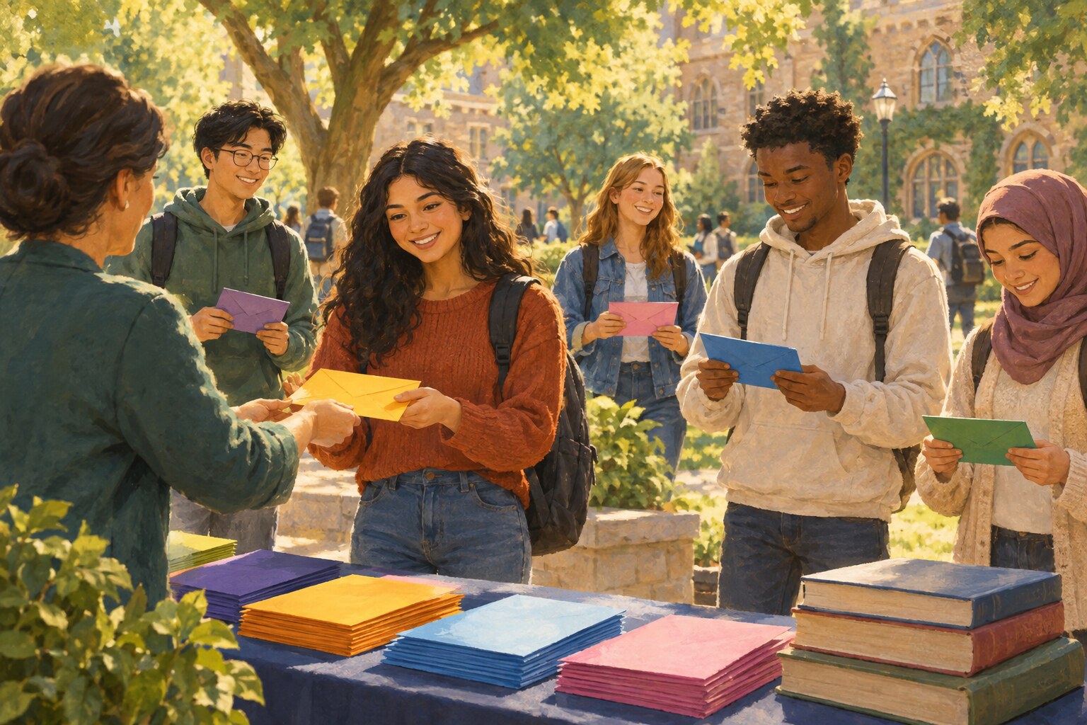 University students receive scholarship awards in a sunny campus courtyard.