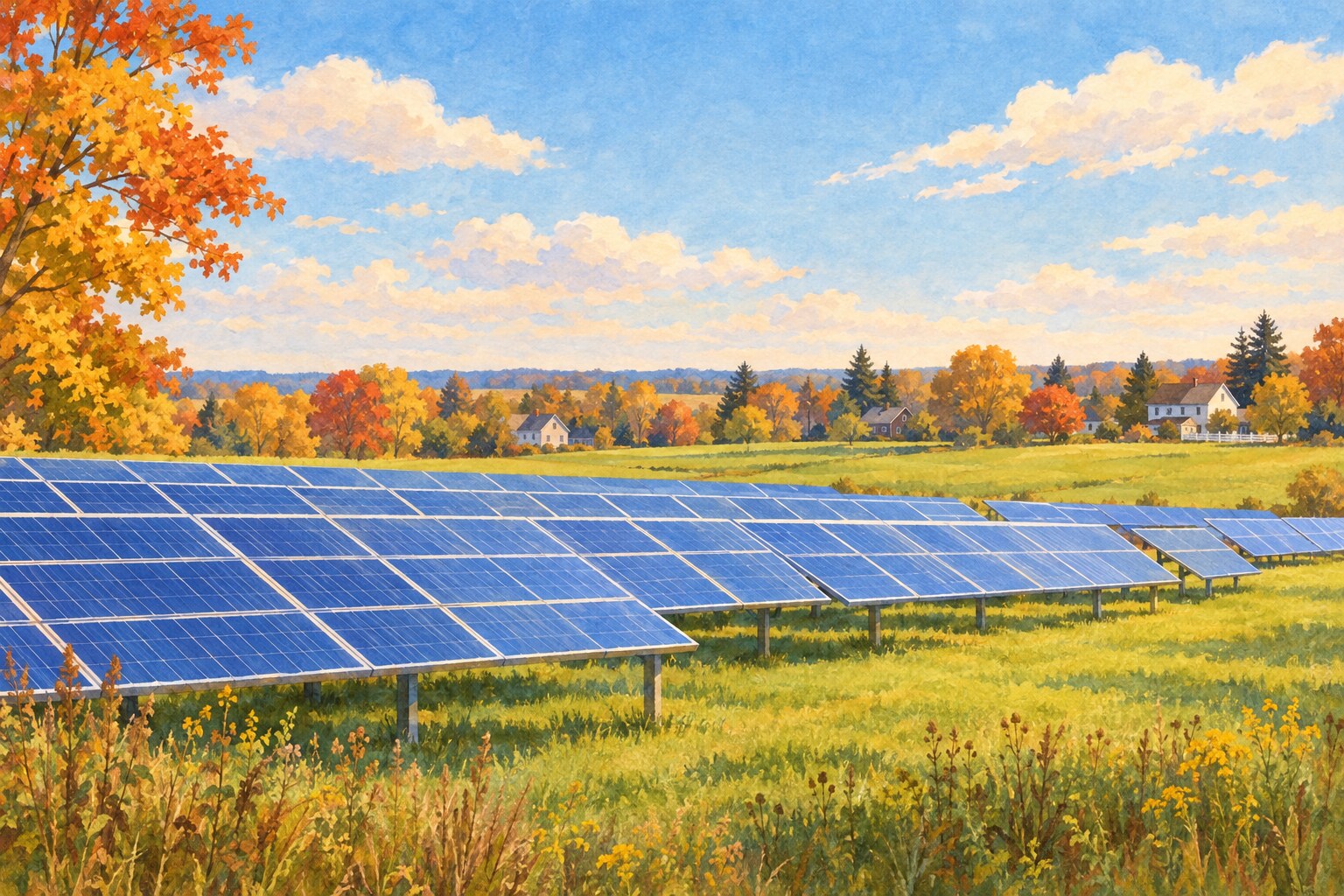 A community solar array beside fields and homes in Delaware.