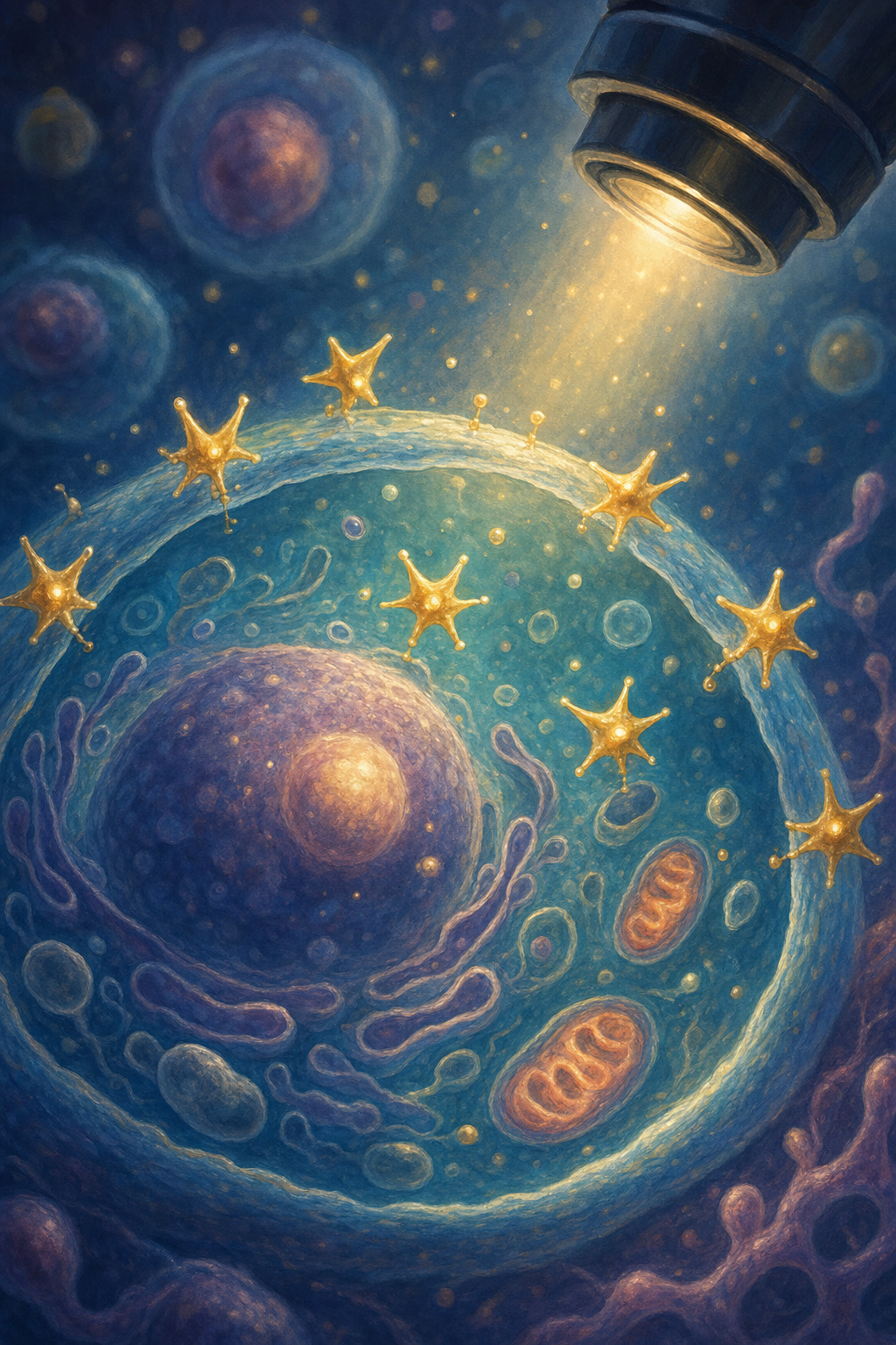 A glowing living cell is viewed through a microscope with tiny nanoantennas nearby.