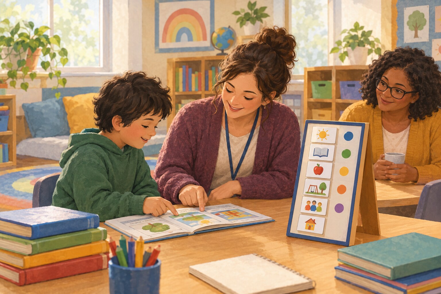 A teacher supports a student in a welcoming inclusive classroom.