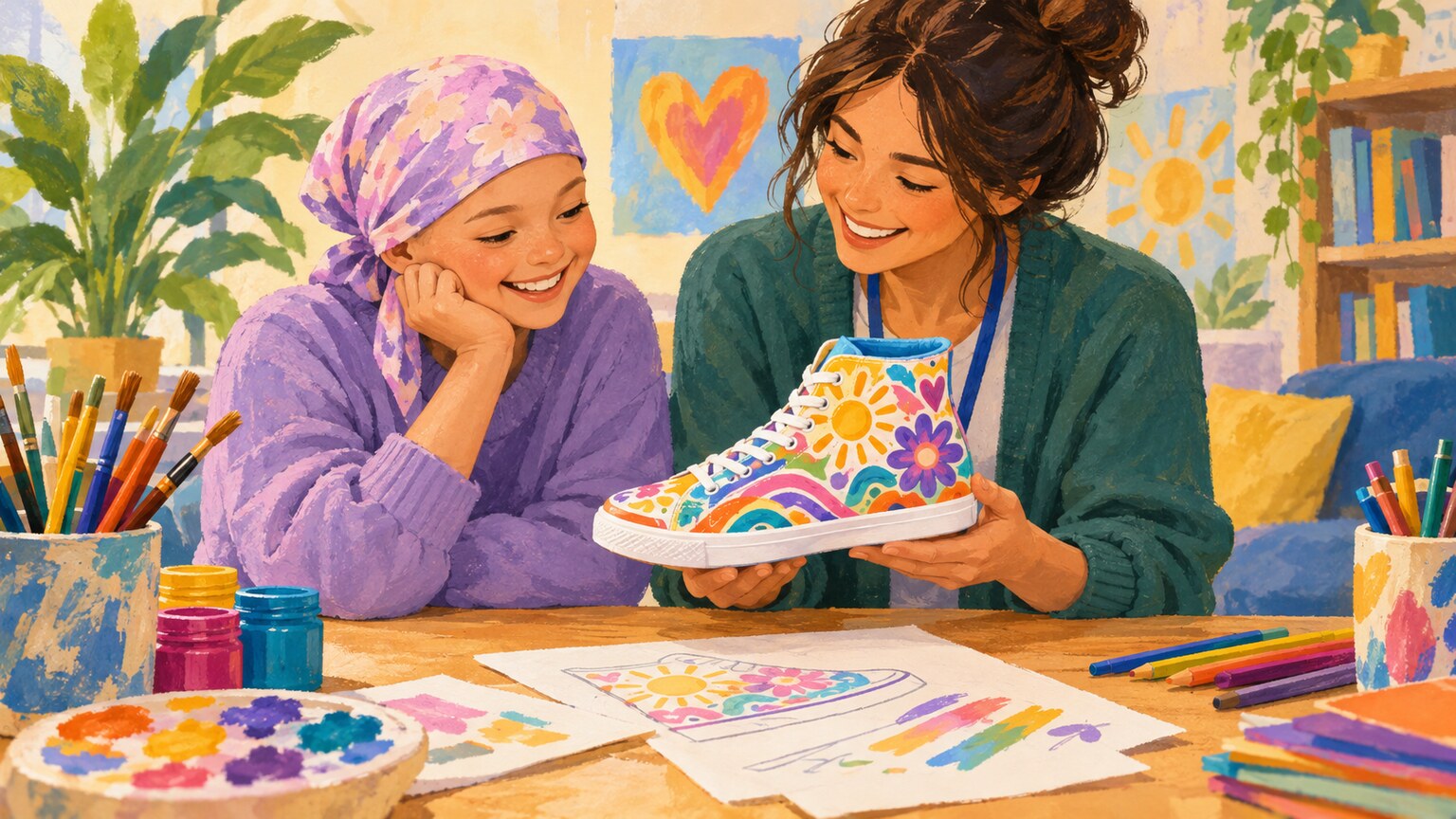 A young patient and volunteer admire a colorful custom sneaker at a design table.