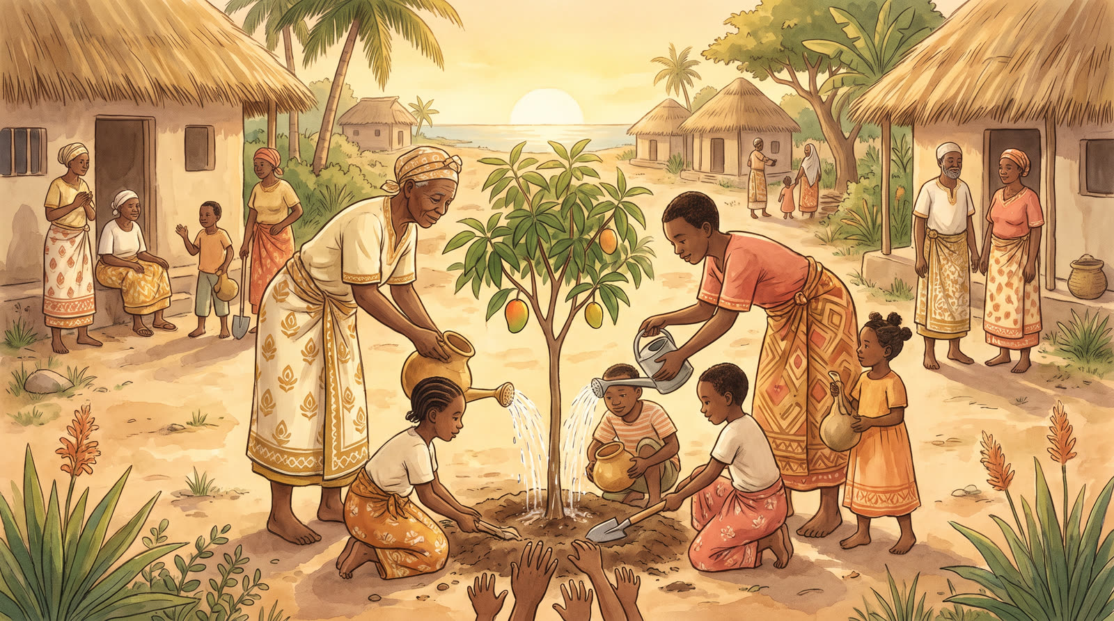 Community members gently watering a young mango tree sapling together at golden hour.