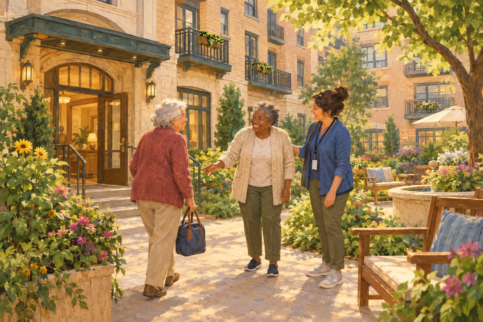 An older resident is welcomed to a renovated apartment building.