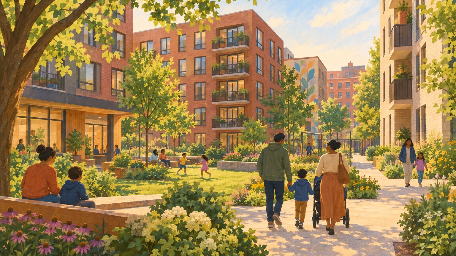 Eine neue Wohnanlage mit bezahlbaren Wohnungen und einem gemeinsamen Innenhof in East New York.