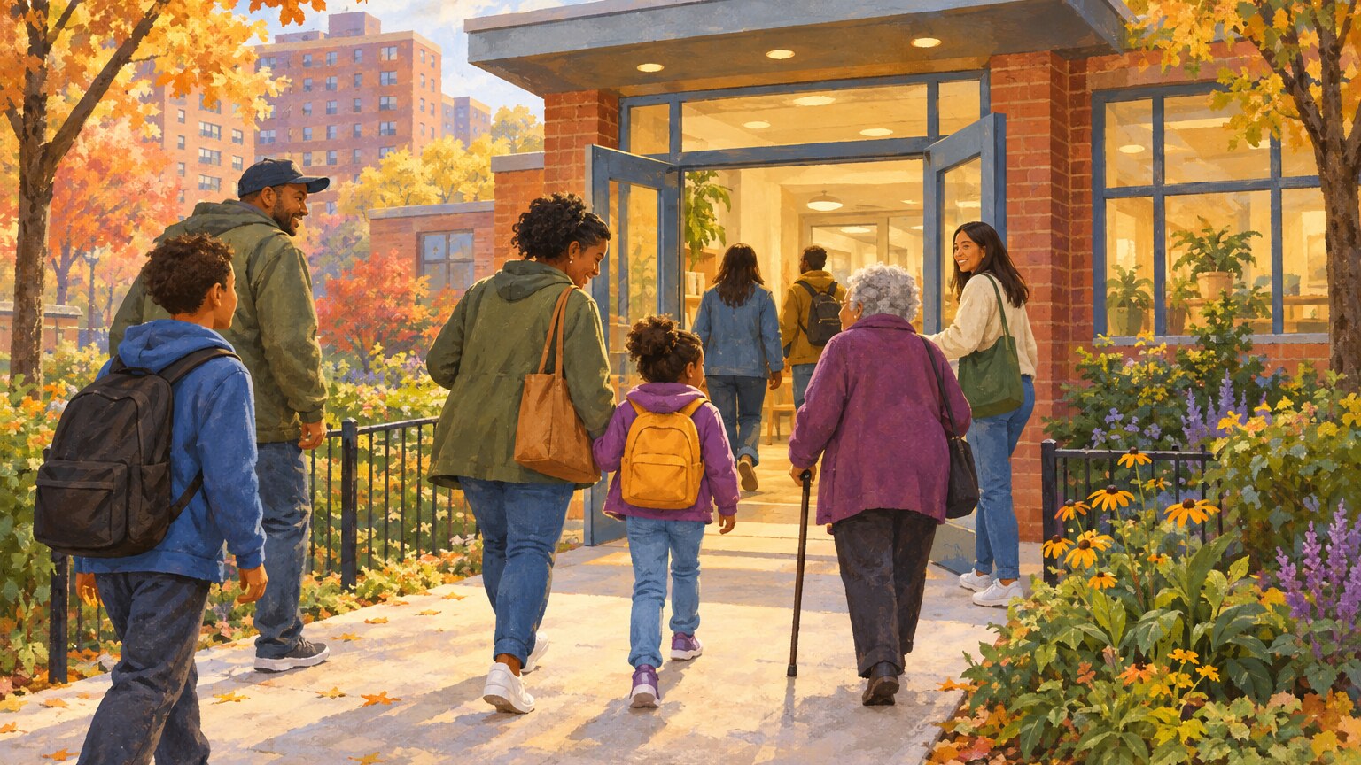 Neighbors of different ages gather outside a renovated Bronx community center.
