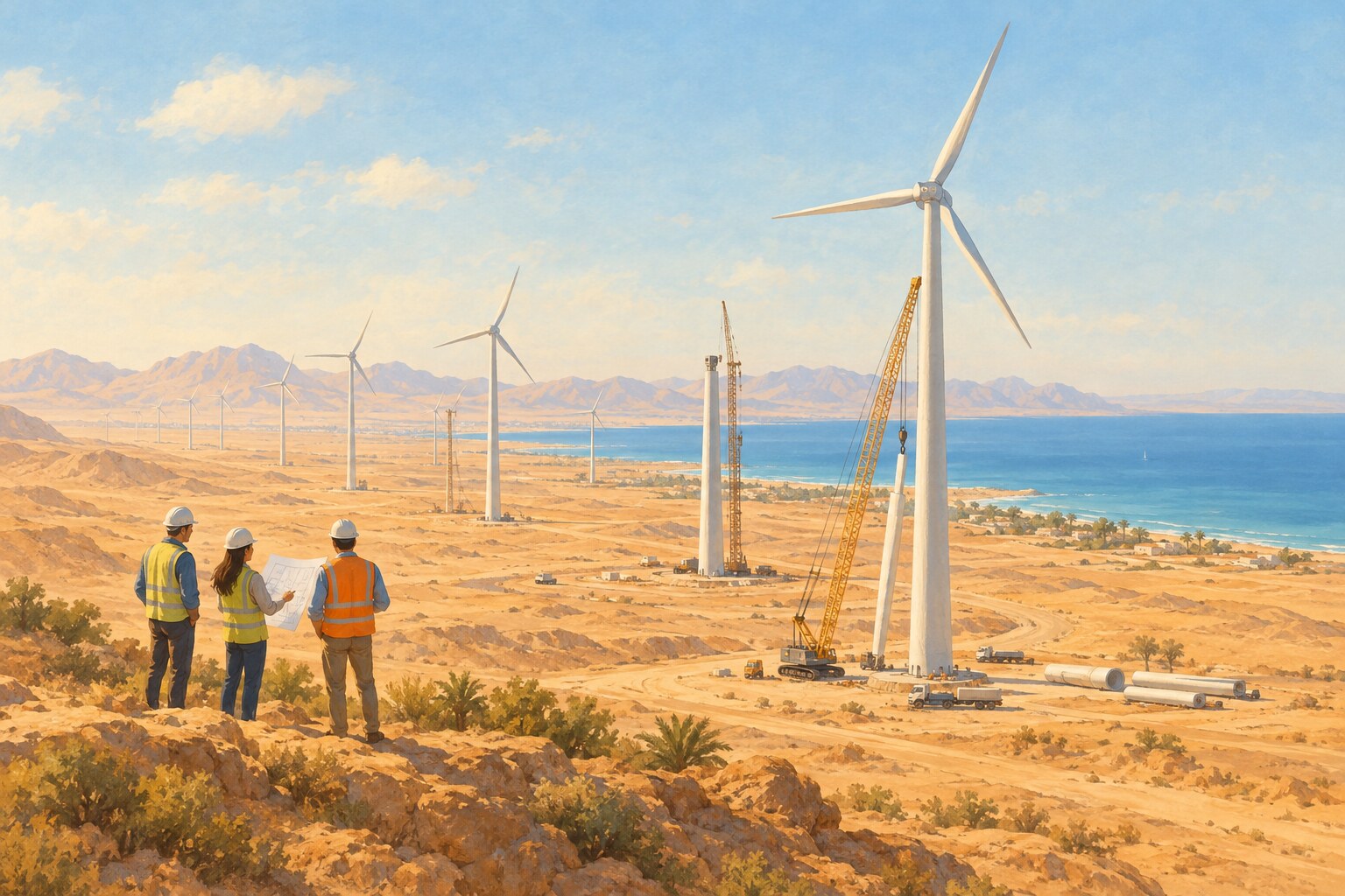 Windräder erheben sich unter einem klaren, goldenen Himmel über einer ägyptischen Landschaft.