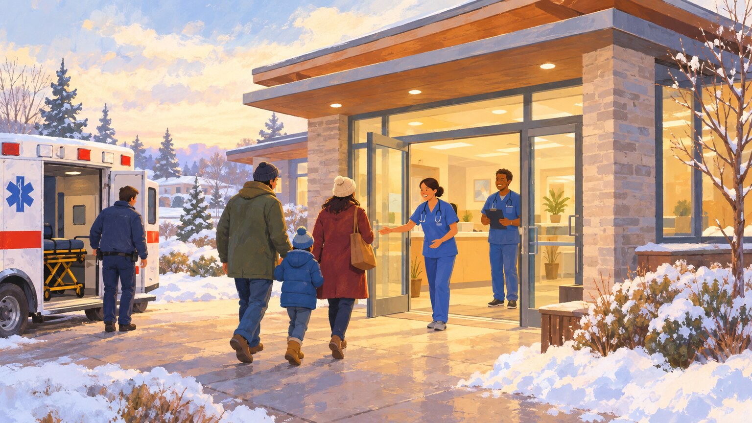 An ambulance stands outside a welcoming urgent-care clinic.