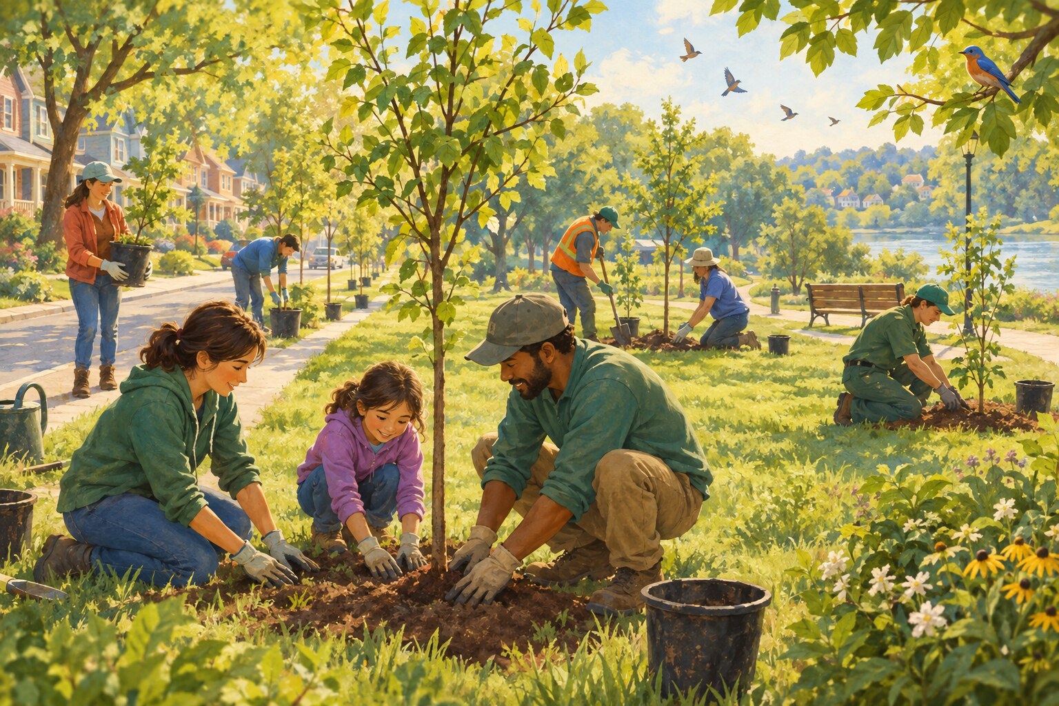Community volunteers plant young trees beside a neighborhood street and park.