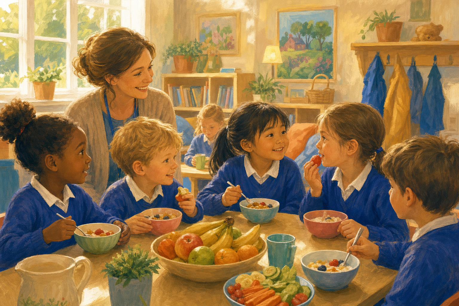 Children sharing breakfast at a welcoming school club.
