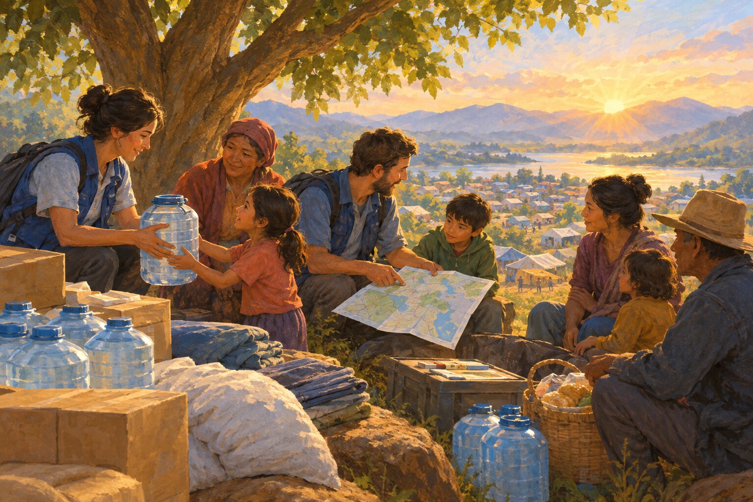 Aid workers and families share supplies beneath a broad tree at sunrise.
