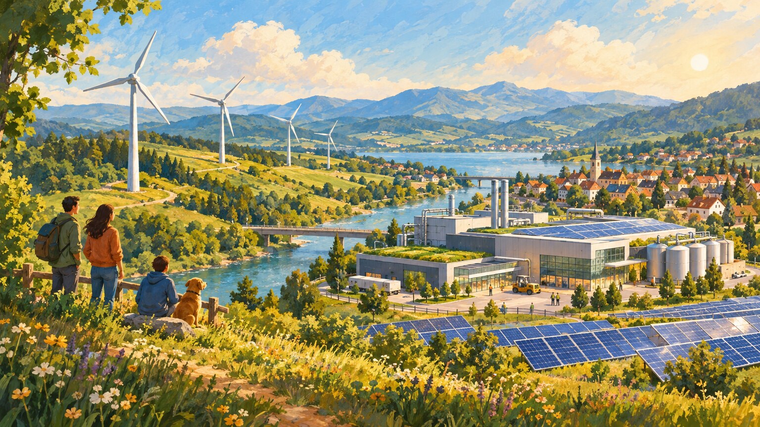 Windräder und Solarmodule stehen in einer grünen Landschaft neben einer modernen Fabrik.
