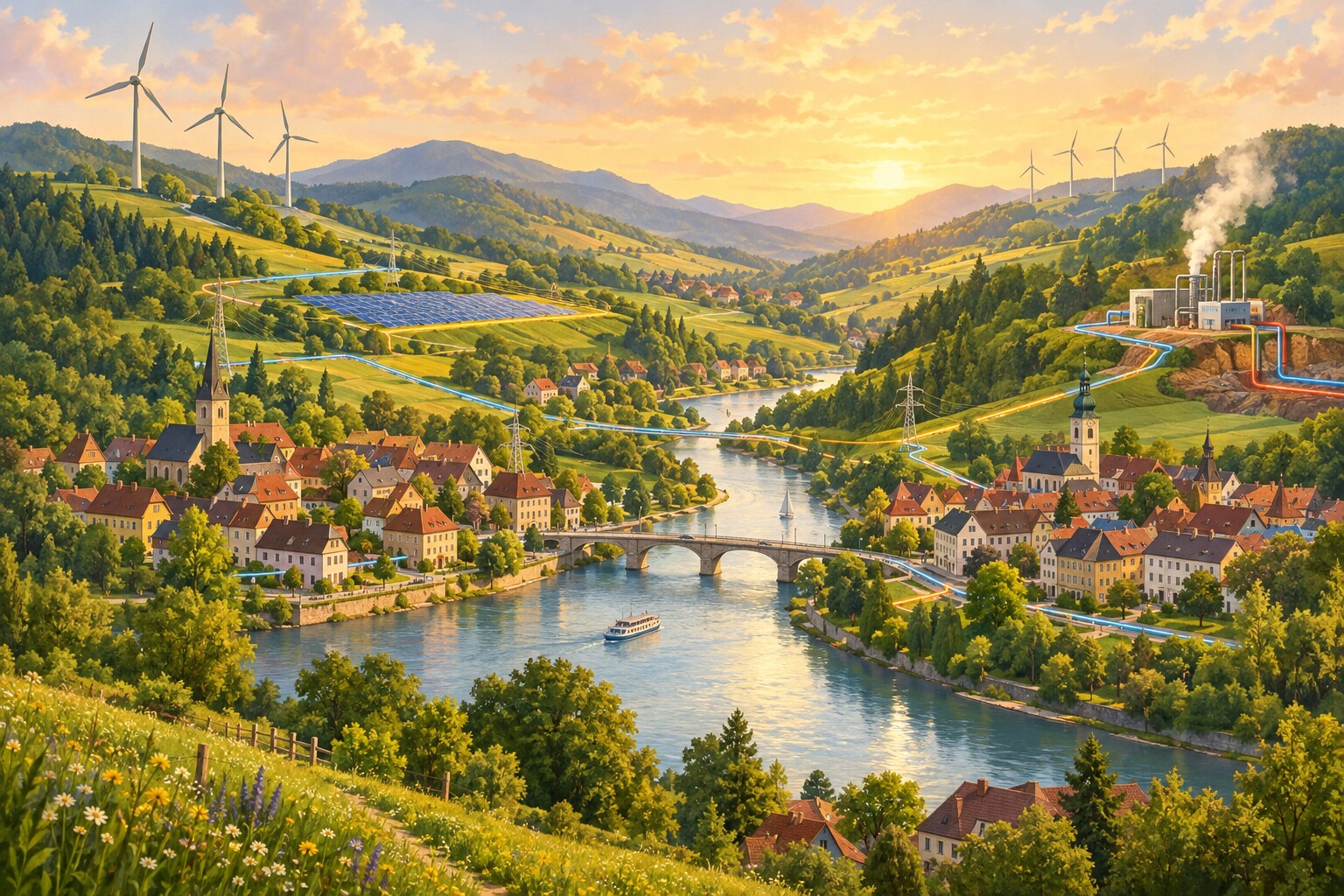 Wind turbines, solar panels and a geothermal station appear across a connected European landscape.