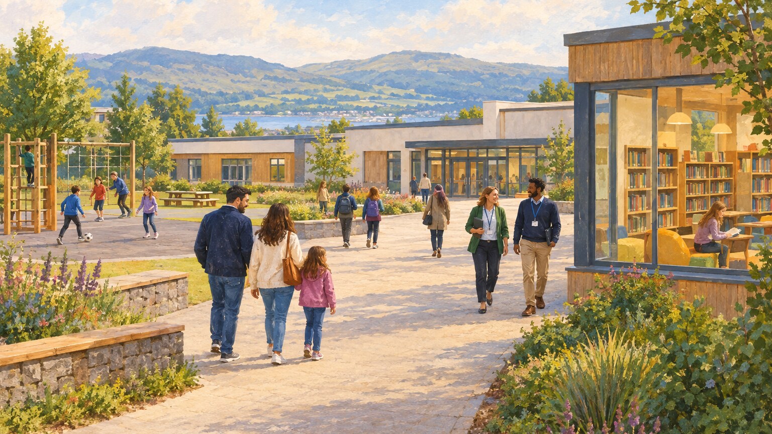 A storybook illustration of a school-campus scene with a library window and play space.