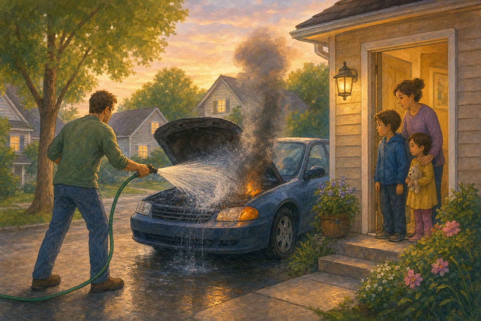 A neighbor uses a garden hose to help contain a car fire beside a family home.