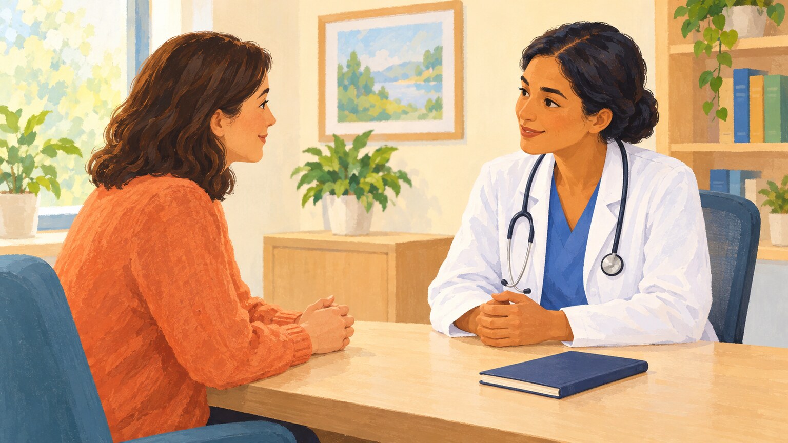 An illustrated patient and clinician discuss a treatment plan in a calm medical office.