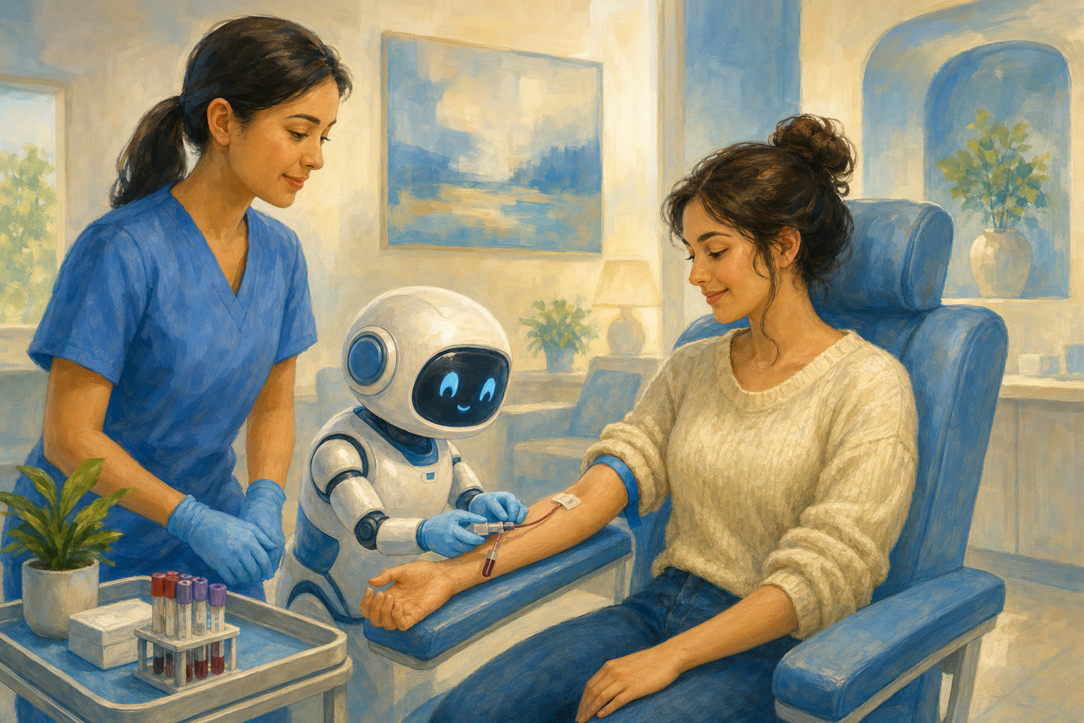 A compact medical robot assists with a blood draw while a trained healthcare worker supervises.