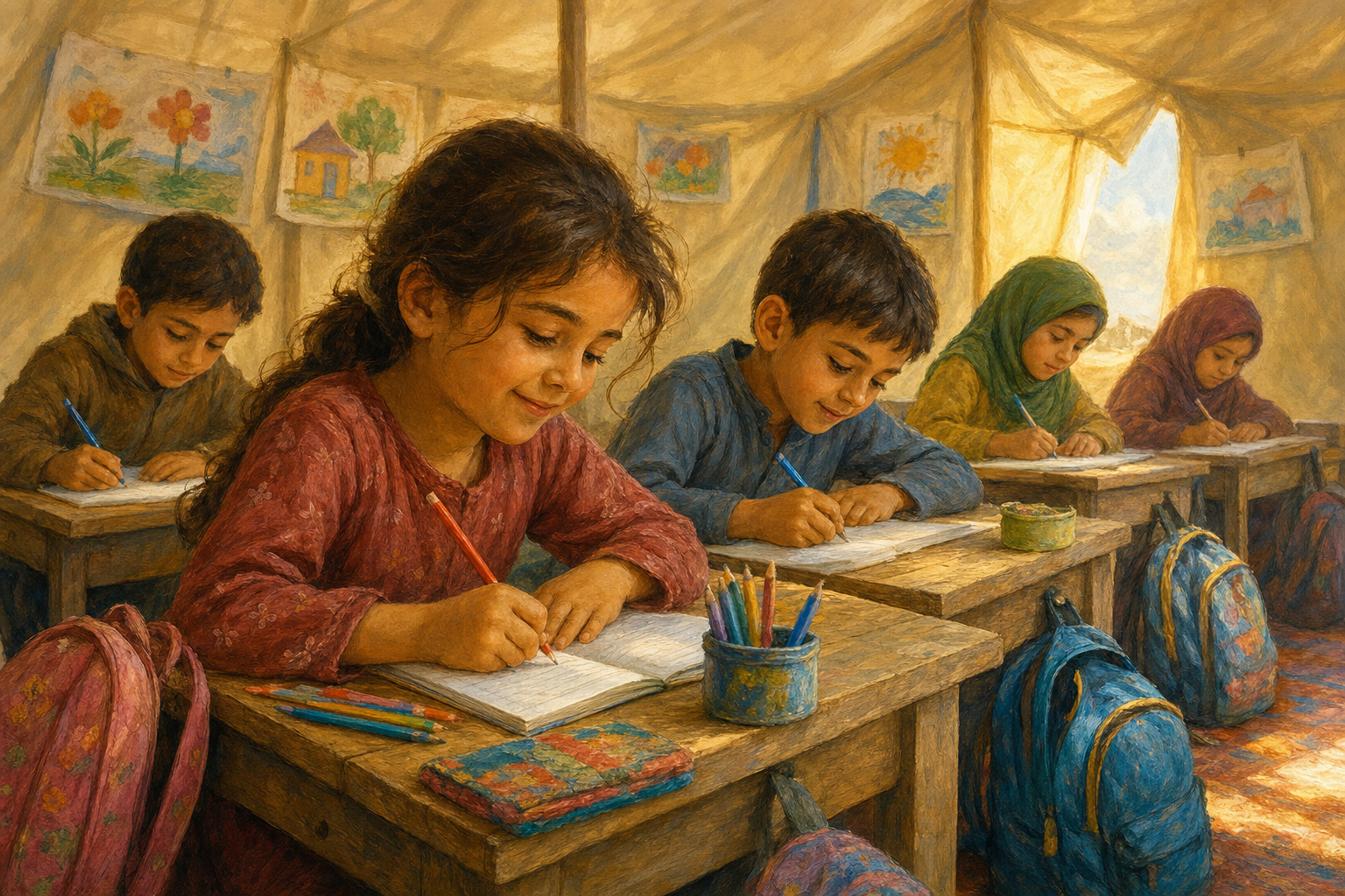 Children learn in a bright temporary classroom with school supplies nearby.