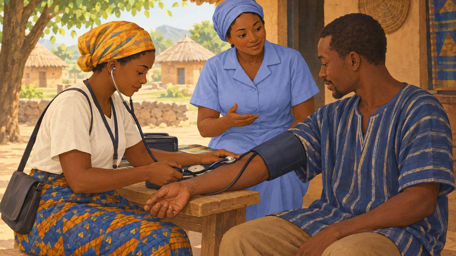 Eine Gesundheitshelferin der Gemeinde misst in einem Haus in einem Dorf in Ghana den Blutdruck eines Erwachsenen.