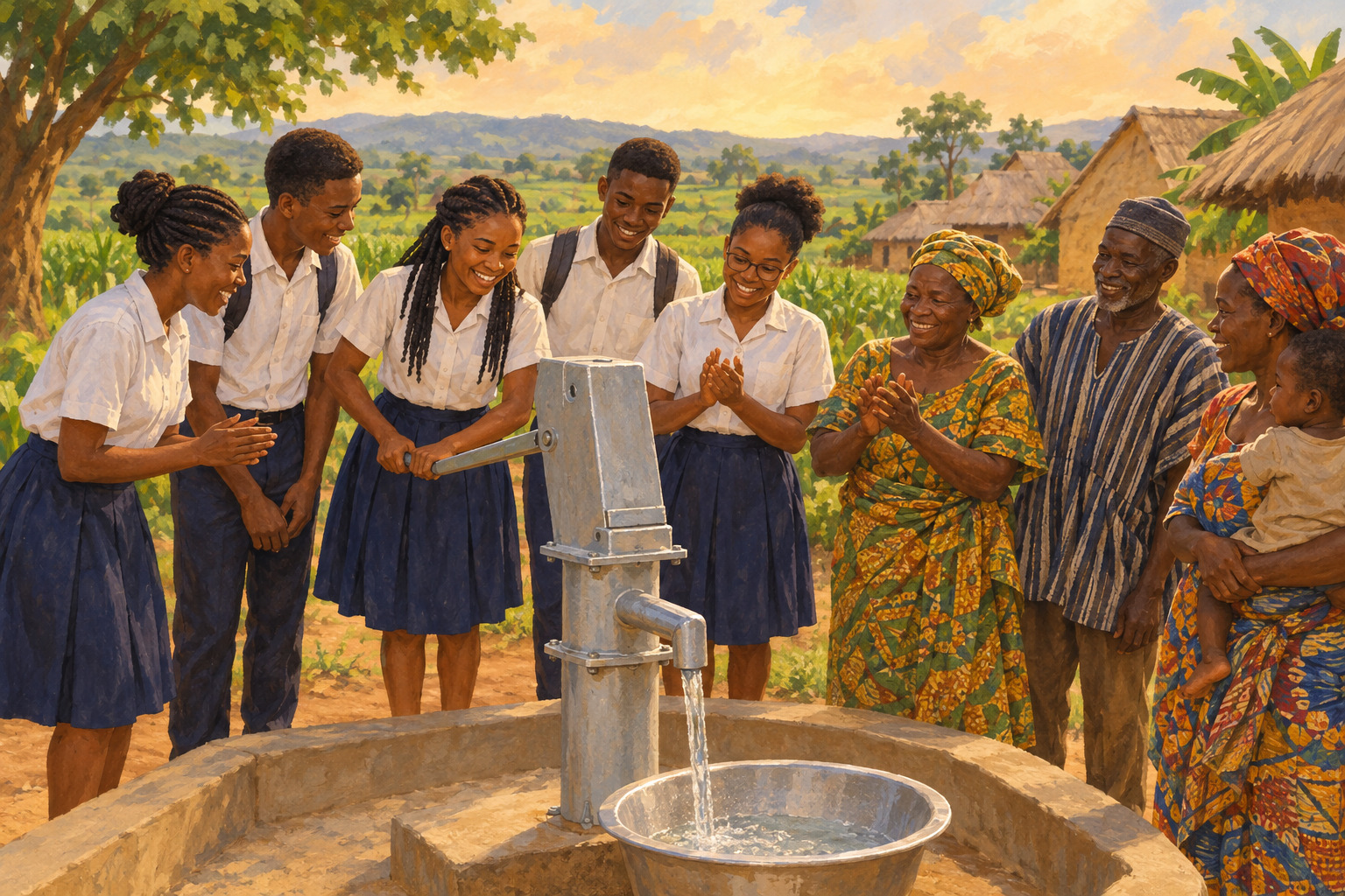 Students and community members gather beside a new water pump in Tamanja, Ghana.