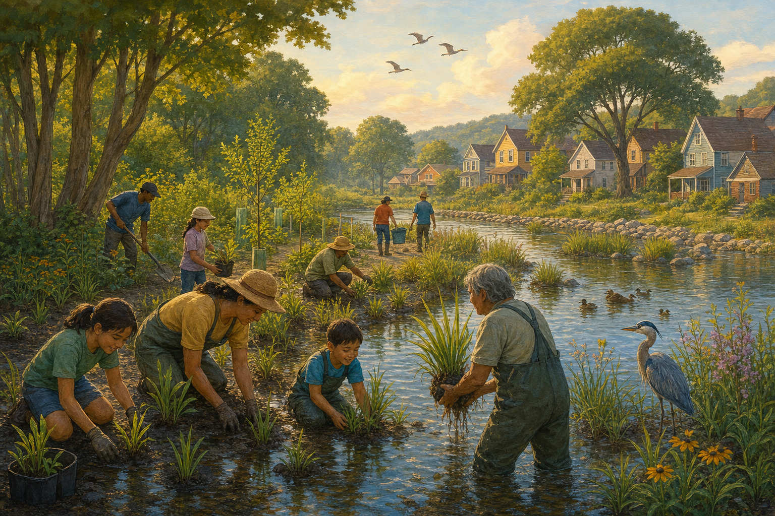 Community members plant native vegetation beside a wetland near their homes.