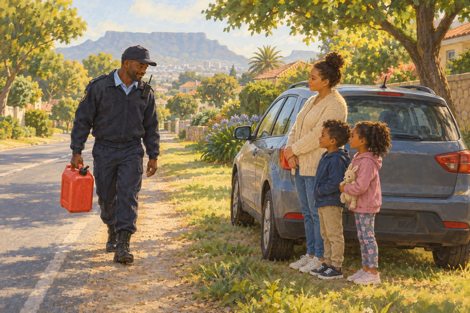 Ein Helfer tr&auml;gt einen kleinen Kraftstoffkanister zu einem Familienauto, das sicher am Rand einer gr&uuml;nen Wohngegend steht.